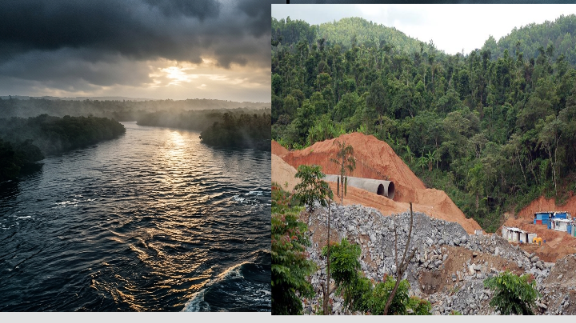 Split-screen of a pristine flowing river versus heavy machinery clearing terrain