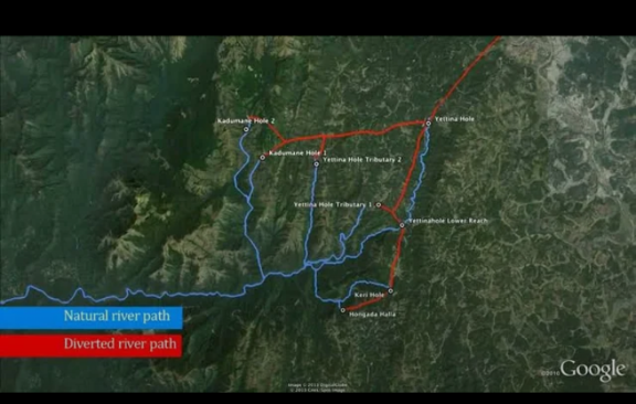 Satellite map showcasing Yettinahole project natural versus diverted river paths