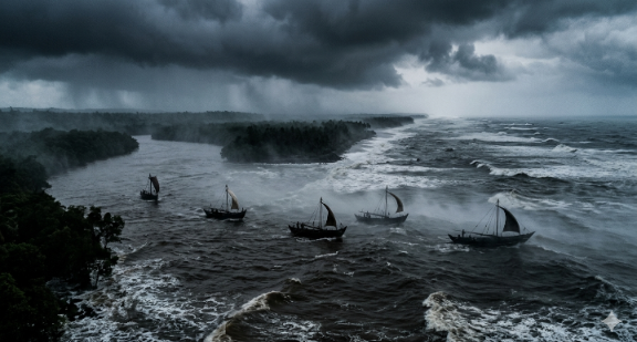 Ancient seafaring vessels navigating a storm at the river estuary