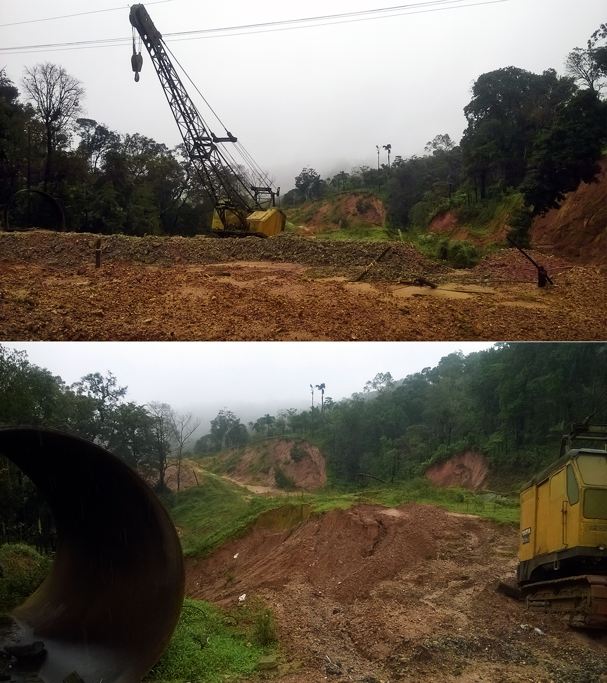 Heavy earth-moving machinery digging out hillsides in the eco-sensitive Western Ghats